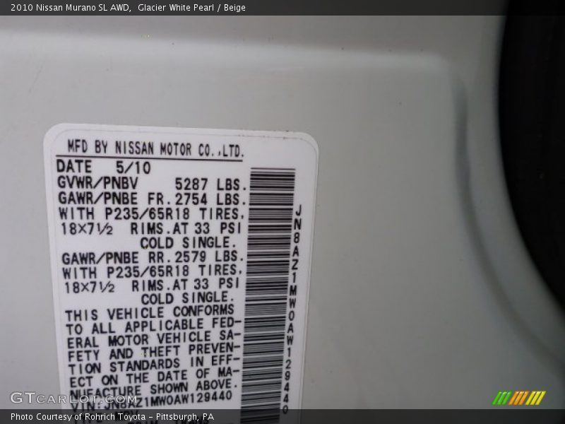 Glacier White Pearl / Beige 2010 Nissan Murano SL AWD