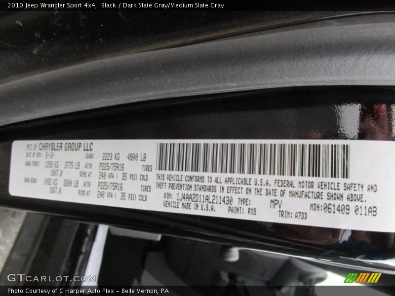 Black / Dark Slate Gray/Medium Slate Gray 2010 Jeep Wrangler Sport 4x4
