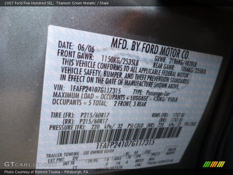 Titanium Green Metallic / Shale 2007 Ford Five Hundred SEL
