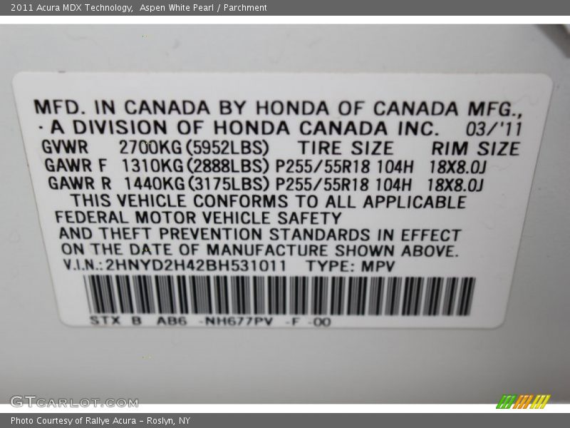 Aspen White Pearl / Parchment 2011 Acura MDX Technology