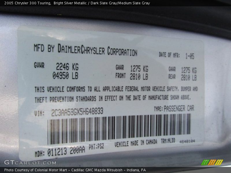 Bright Silver Metallic / Dark Slate Gray/Medium Slate Gray 2005 Chrysler 300 Touring