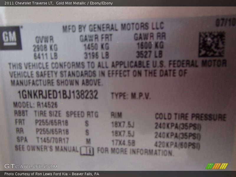 Gold Mist Metallic / Ebony/Ebony 2011 Chevrolet Traverse LT