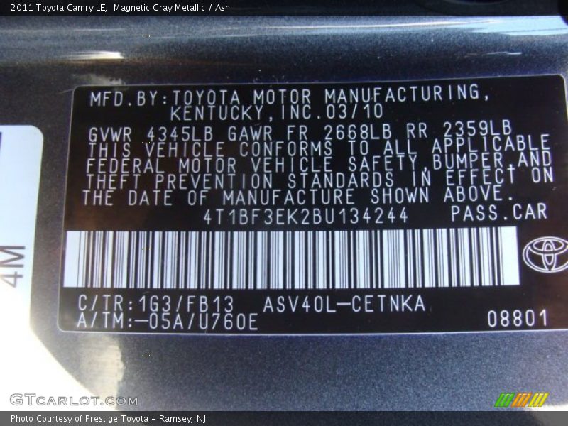 Magnetic Gray Metallic / Ash 2011 Toyota Camry LE