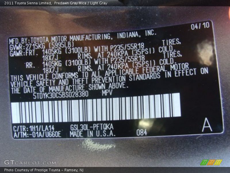 Predawn Gray Mica / Light Gray 2011 Toyota Sienna Limited