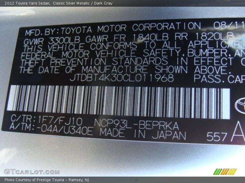 Classic Silver Metallic / Dark Gray 2012 Toyota Yaris Sedan