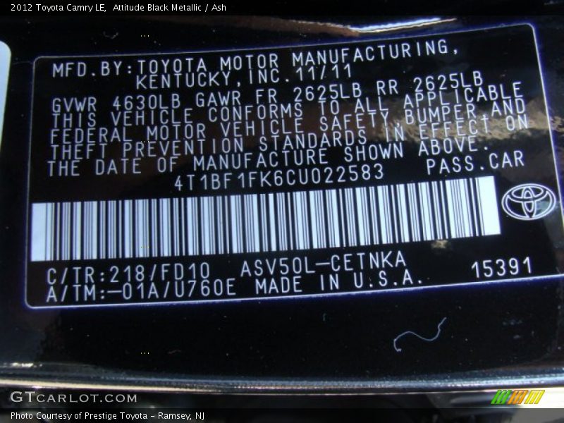 Attitude Black Metallic / Ash 2012 Toyota Camry LE