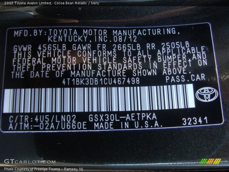 Cocoa Bean Metallic / Ivory 2012 Toyota Avalon Limited