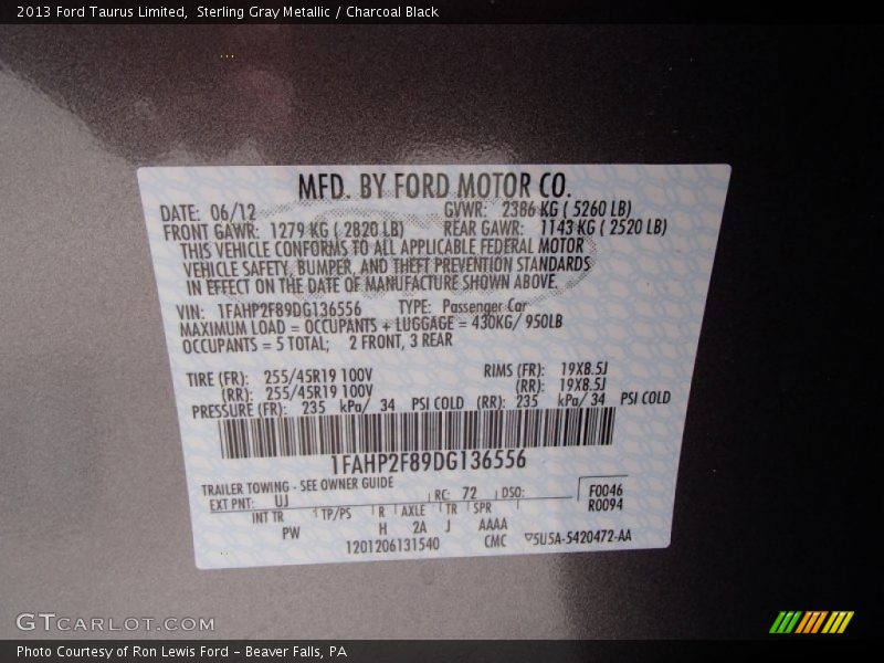 Sterling Gray Metallic / Charcoal Black 2013 Ford Taurus Limited