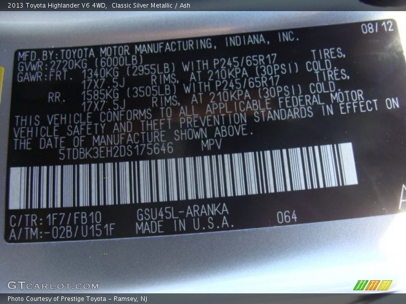 Classic Silver Metallic / Ash 2013 Toyota Highlander V6 4WD