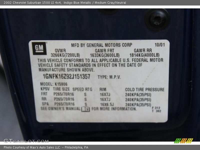 Indigo Blue Metallic / Medium Gray/Neutral 2002 Chevrolet Suburban 1500 LS 4x4