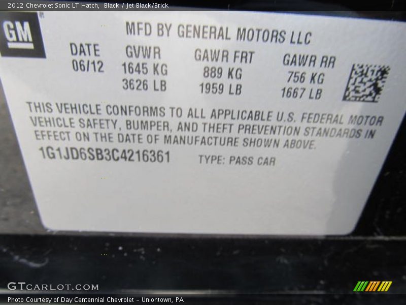 Black / Jet Black/Brick 2012 Chevrolet Sonic LT Hatch