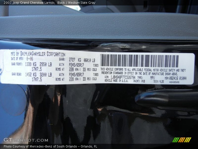 Black / Medium Slate Gray 2007 Jeep Grand Cherokee Laredo