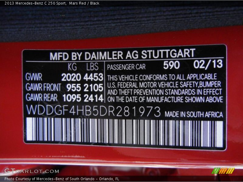 2013 C 250 Sport Mars Red Color Code 590