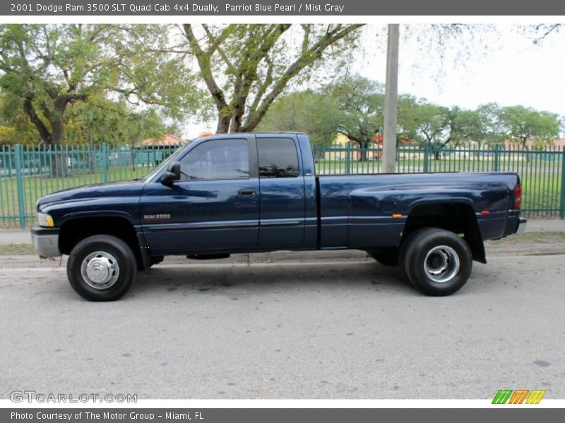 Parriot Blue Pearl / Mist Gray 2001 Dodge Ram 3500 SLT Quad Cab 4x4 Dually