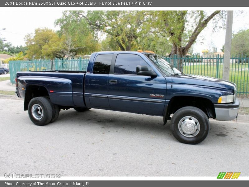 Parriot Blue Pearl / Mist Gray 2001 Dodge Ram 3500 SLT Quad Cab 4x4 Dually