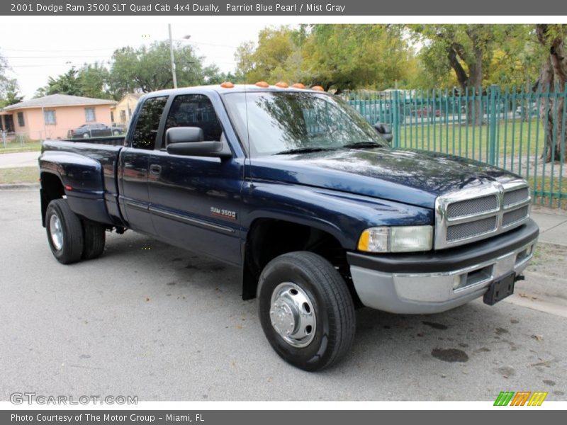 Parriot Blue Pearl / Mist Gray 2001 Dodge Ram 3500 SLT Quad Cab 4x4 Dually