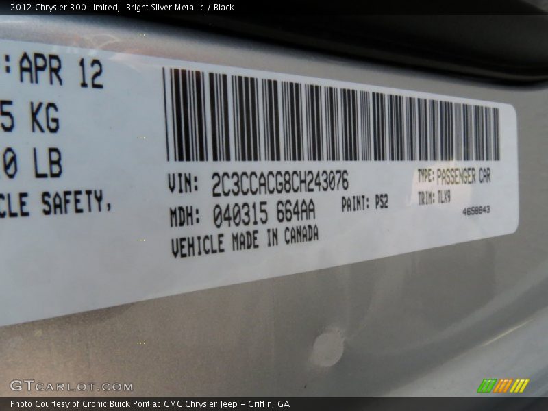 Bright Silver Metallic / Black 2012 Chrysler 300 Limited