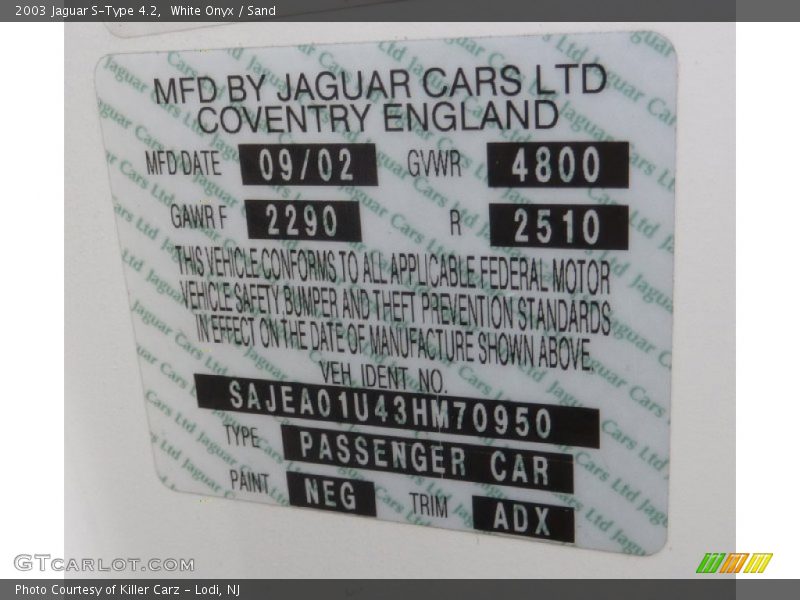 2003 S-Type 4.2 White Onyx Color Code NEG