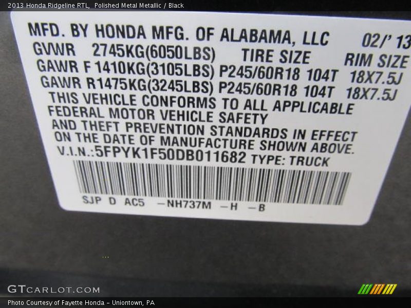 Polished Metal Metallic / Black 2013 Honda Ridgeline RTL