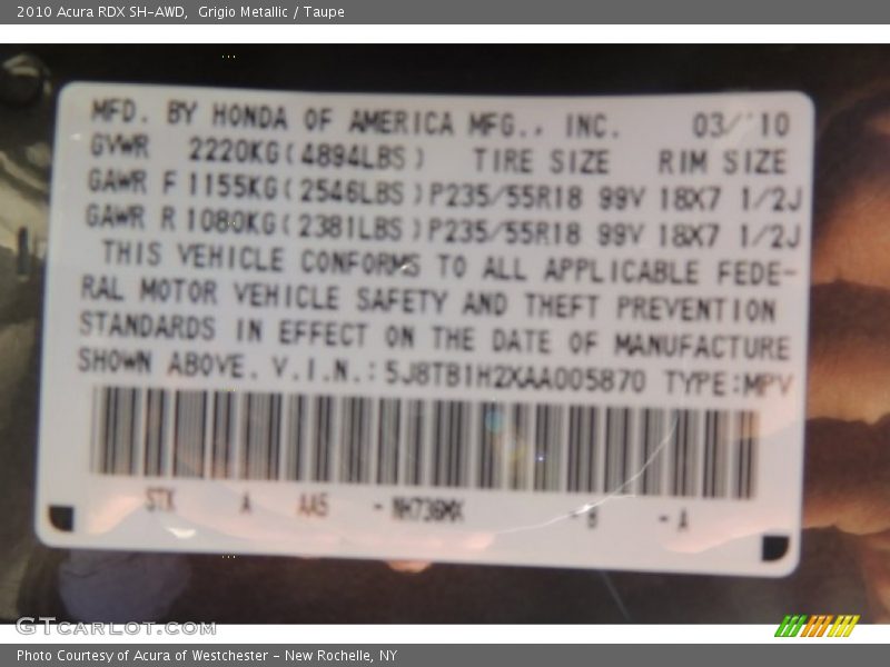 Grigio Metallic / Taupe 2010 Acura RDX SH-AWD