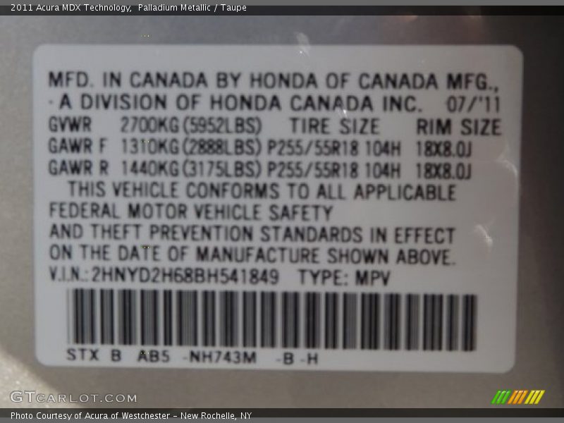 Palladium Metallic / Taupe 2011 Acura MDX Technology