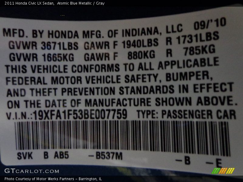 Atomic Blue Metallic / Gray 2011 Honda Civic LX Sedan