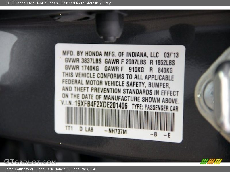 2013 Civic Hybrid Sedan Polished Metal Metallic Color Code NH737M
