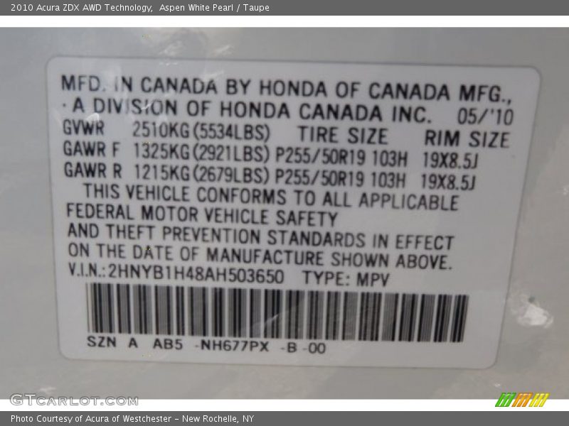 Aspen White Pearl / Taupe 2010 Acura ZDX AWD Technology