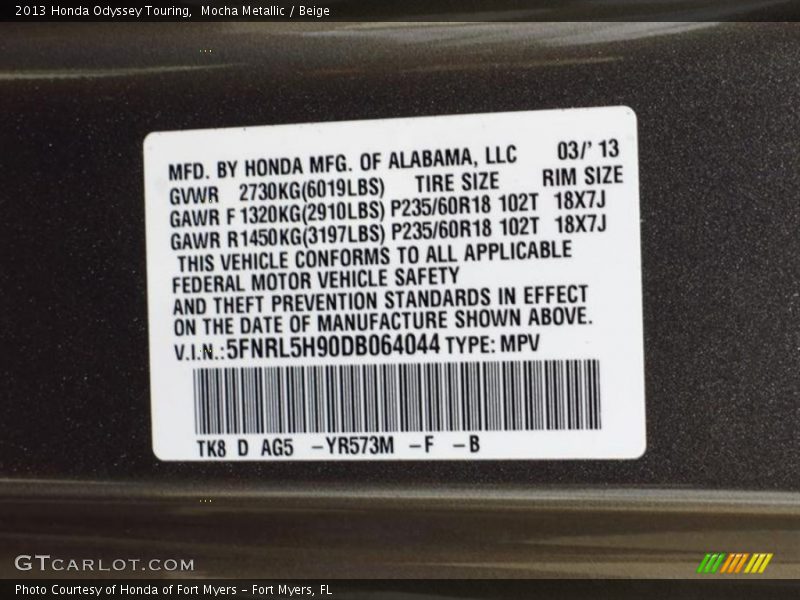 2013 Odyssey Touring Mocha Metallic Color Code YR573M