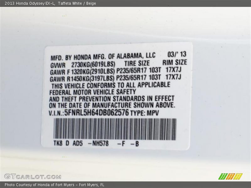 Taffeta White / Beige 2013 Honda Odyssey EX-L