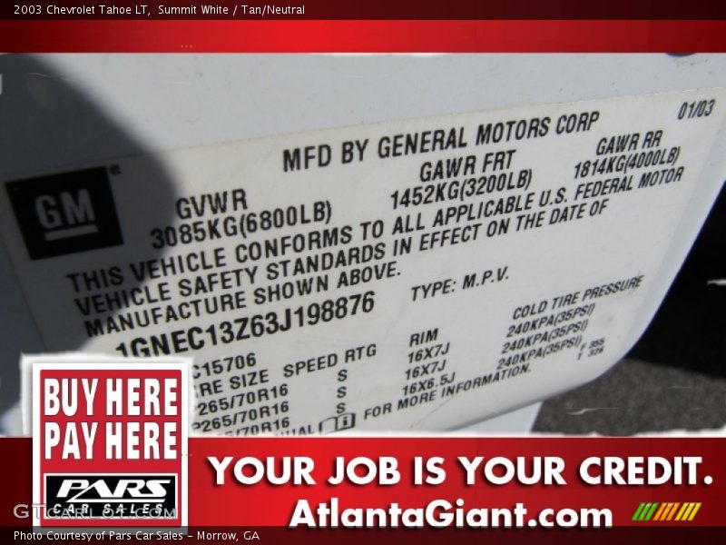 Summit White / Tan/Neutral 2003 Chevrolet Tahoe LT