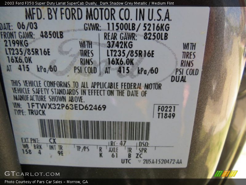 2003 F350 Super Duty Lariat SuperCab Dually Dark Shadow Grey Metallic Color Code CX