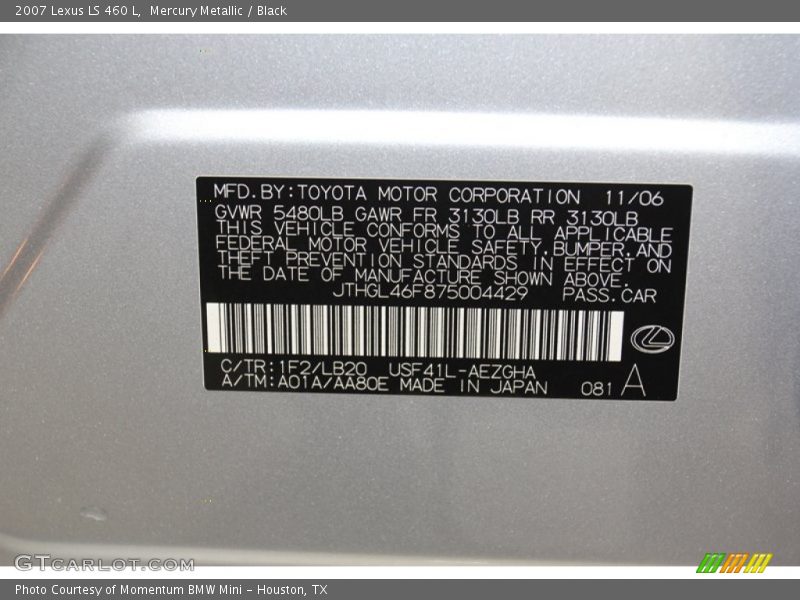 2007 LS 460 L Mercury Metallic Color Code 1F2