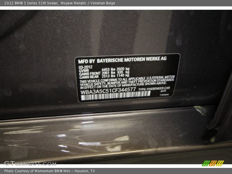 2012 3 Series 328i Sedan Mojave Metallic Color Code A17