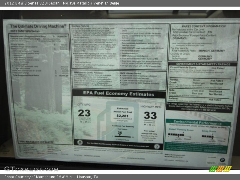  2012 3 Series 328i Sedan Window Sticker