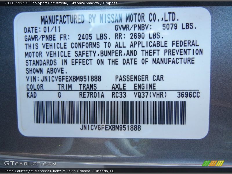 2011 G 37 S Sport Convertible Graphite Shadow Color Code KAD