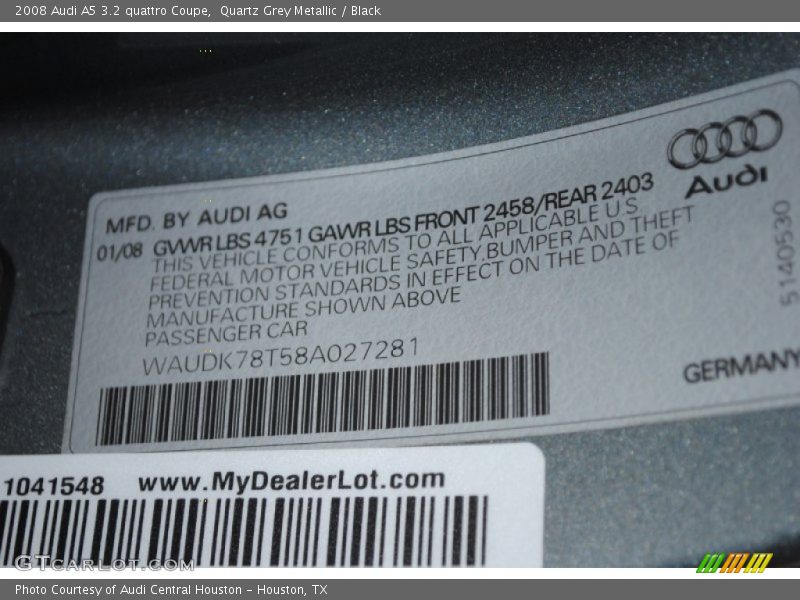Quartz Grey Metallic / Black 2008 Audi A5 3.2 quattro Coupe