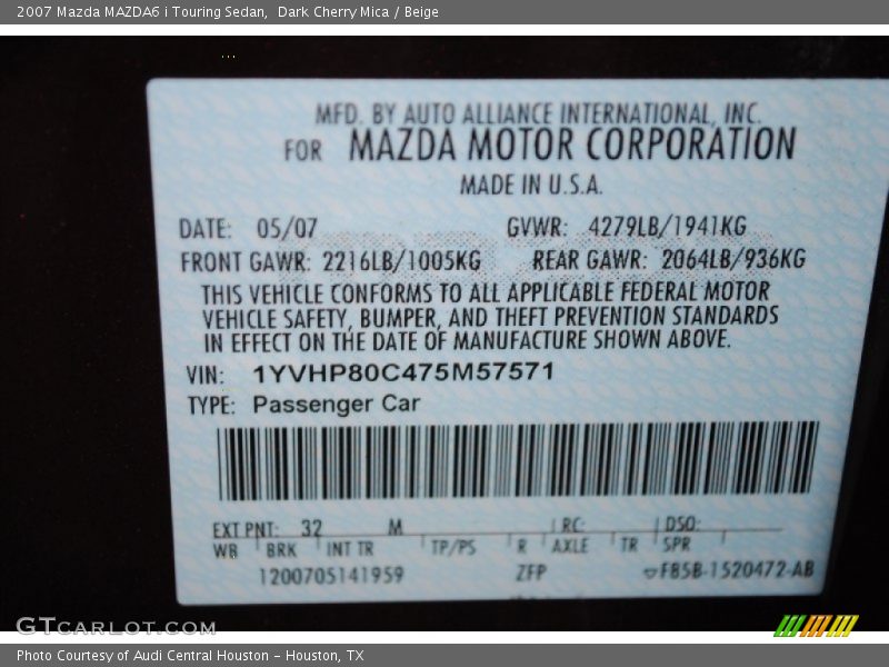 2007 MAZDA6 i Touring Sedan Dark Cherry Mica Color Code 32M