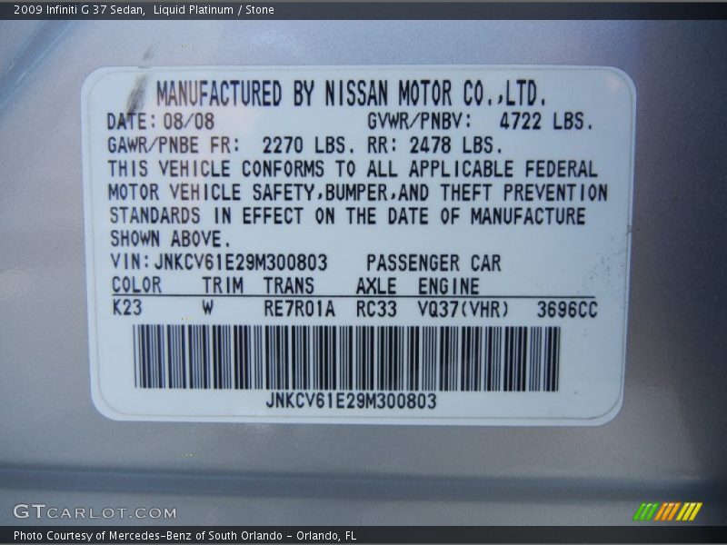 Liquid Platinum / Stone 2009 Infiniti G 37 Sedan