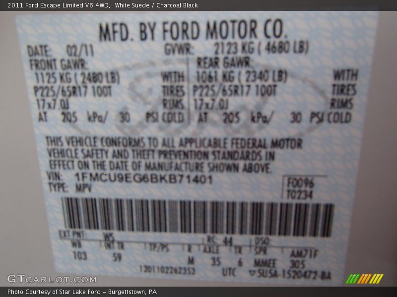 White Suede / Charcoal Black 2011 Ford Escape Limited V6 4WD