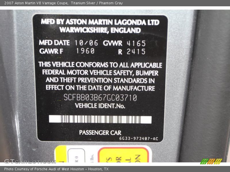 Info Tag of 2007 V8 Vantage Coupe
