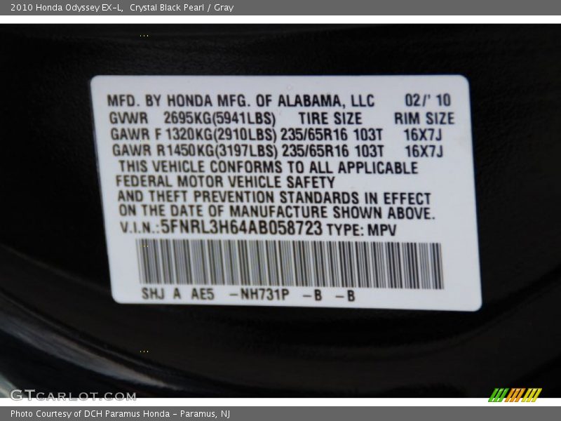 Crystal Black Pearl / Gray 2010 Honda Odyssey EX-L