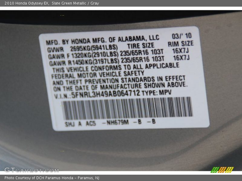 Slate Green Metallic / Gray 2010 Honda Odyssey EX