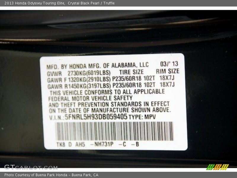 Crystal Black Pearl / Truffle 2013 Honda Odyssey Touring Elite