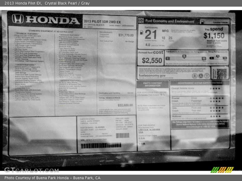 Crystal Black Pearl / Gray 2013 Honda Pilot EX