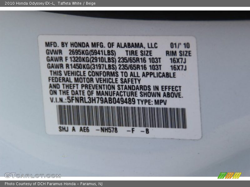 Taffeta White / Beige 2010 Honda Odyssey EX-L
