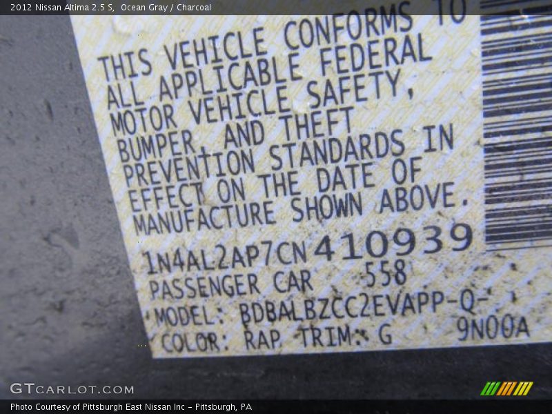 Ocean Gray / Charcoal 2012 Nissan Altima 2.5 S