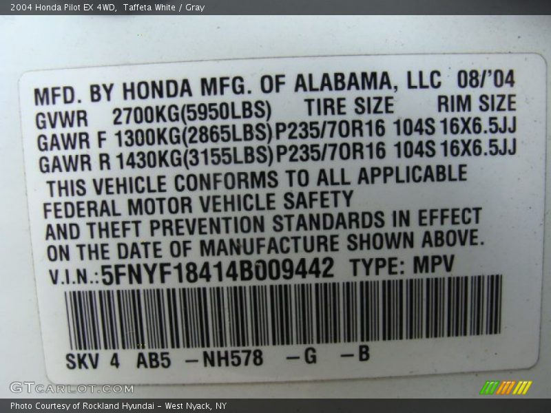 2004 Pilot EX 4WD Taffeta White Color Code NH578