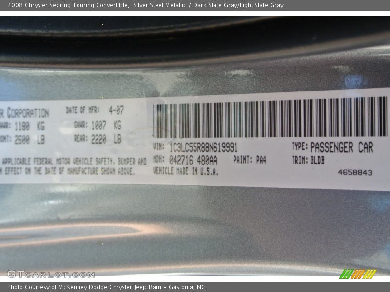Silver Steel Metallic / Dark Slate Gray/Light Slate Gray 2008 Chrysler Sebring Touring Convertible