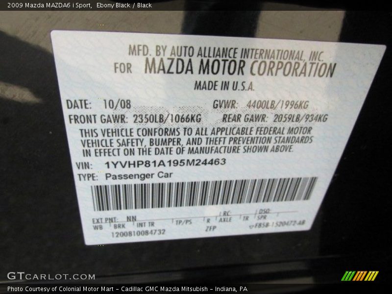 Ebony Black / Black 2009 Mazda MAZDA6 i Sport